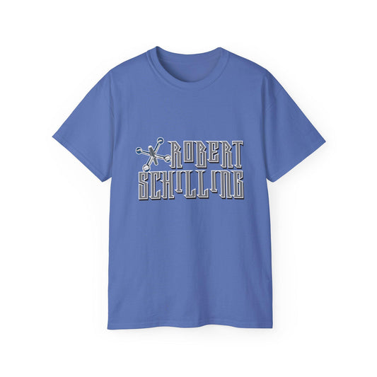 Robert Schilling graphic tee | retro typeface, blue square design